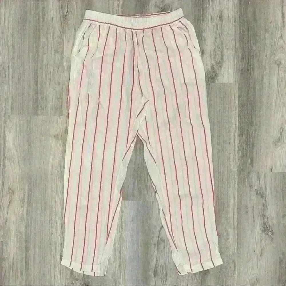 C&C California 100% White Striped Linen Pull On Pants Tapered Leg Casual Size M